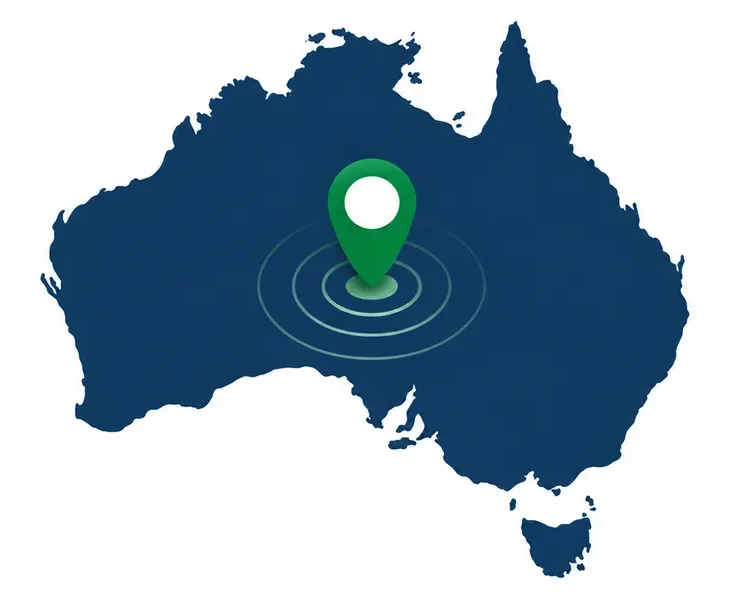 Map of Australia with a green location pin marking a local match