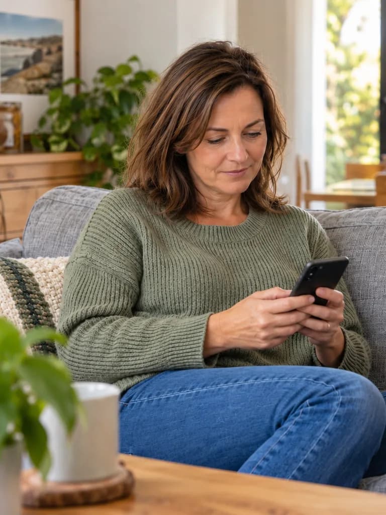 Woman relaxing on her sofa as she fills in the short questionnaire on her phone