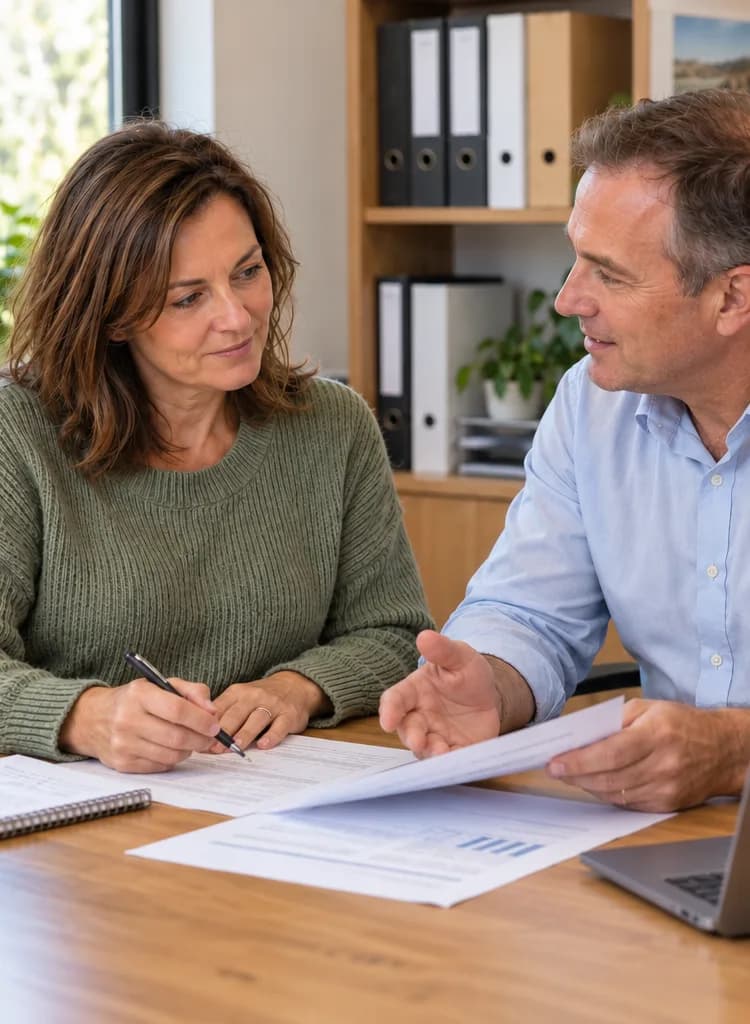 Accountant talking through paperwork with a new client at his desk